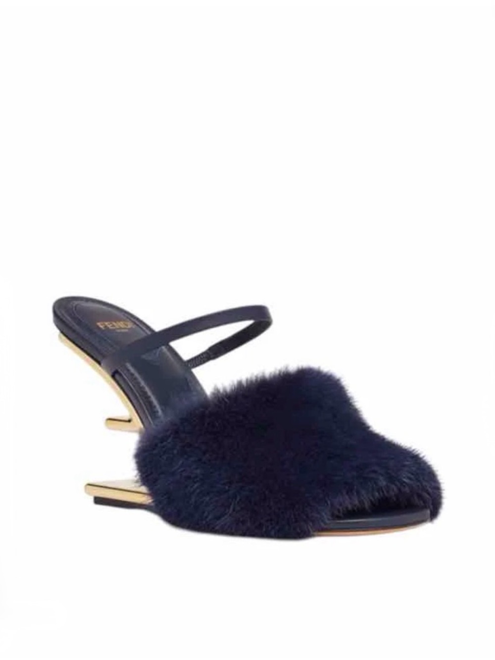 Fendi Navy Mink Fur Slingback Mules with Gold Sculpted Heel - Picture 3 of 6